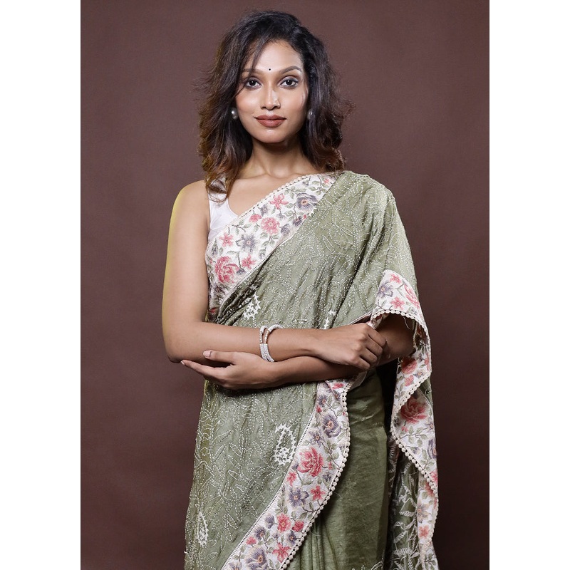 Green Handloom Tussar Pure Silk Saree With Blouse Piece - JD986612298