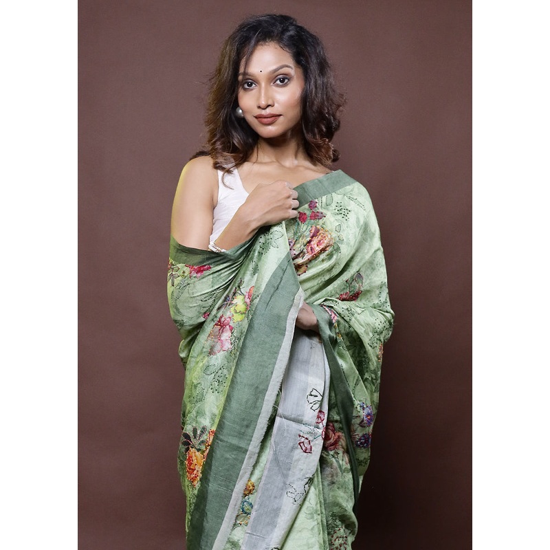 Green Handloom Tussar Pure Silk Saree With Blouse Piece - JD986612300