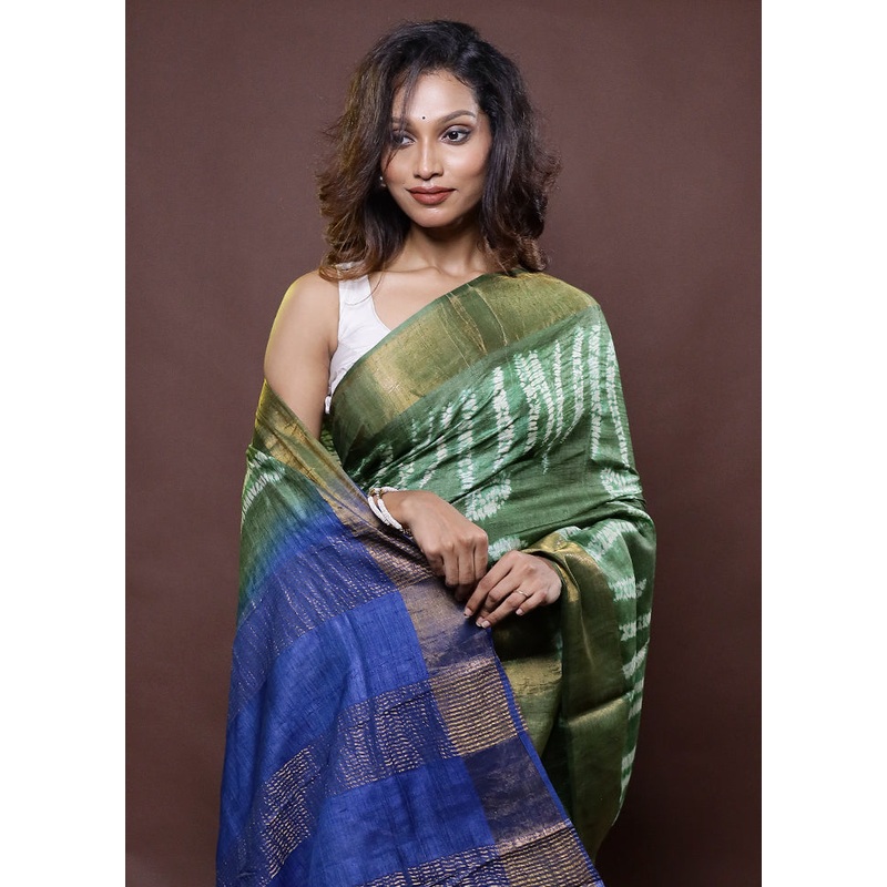 Green Handloom Tussar Pure Silk Saree With Blouse Piece - JD986612301