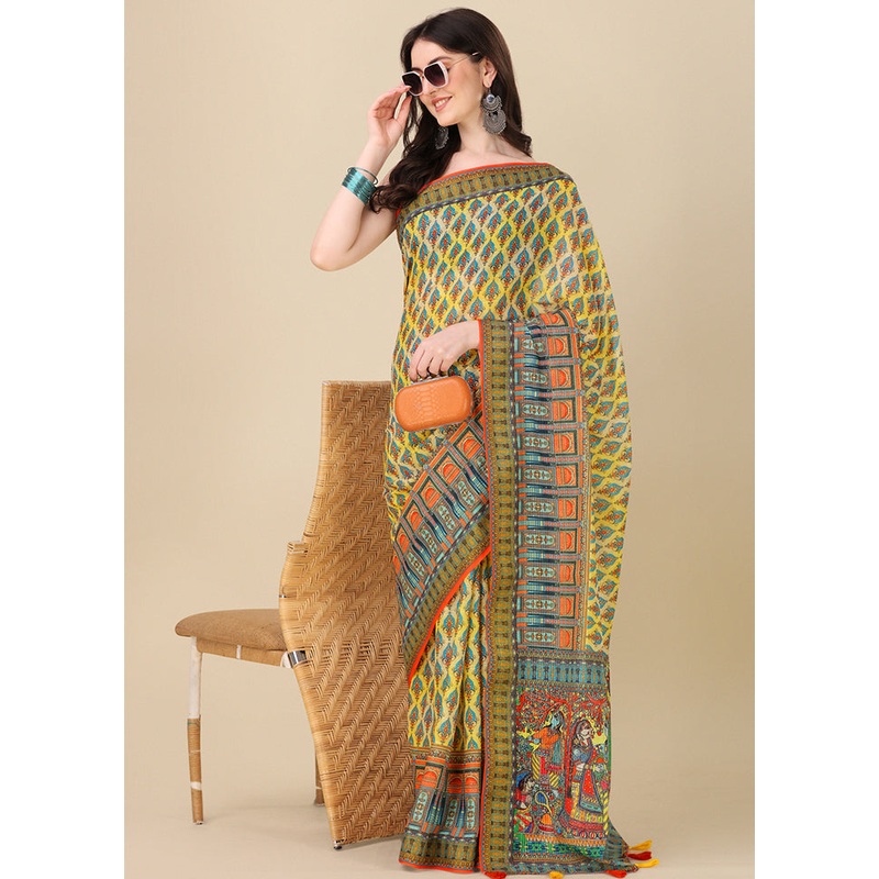 Green Linen Silk Saree With Blouse Piece - JD986612343
