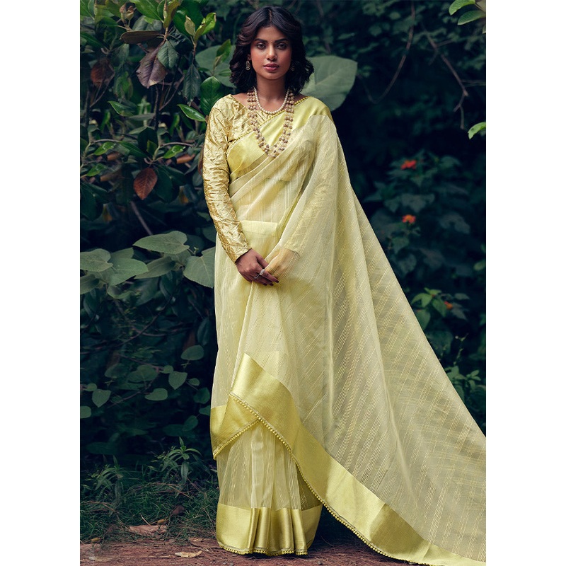 Green Organza Saree With Blouse Piece - JD986612474