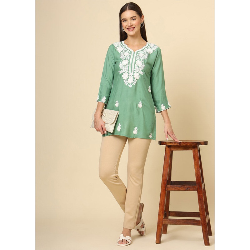 Green Readymade Rayon Short Kurti - JD986612385