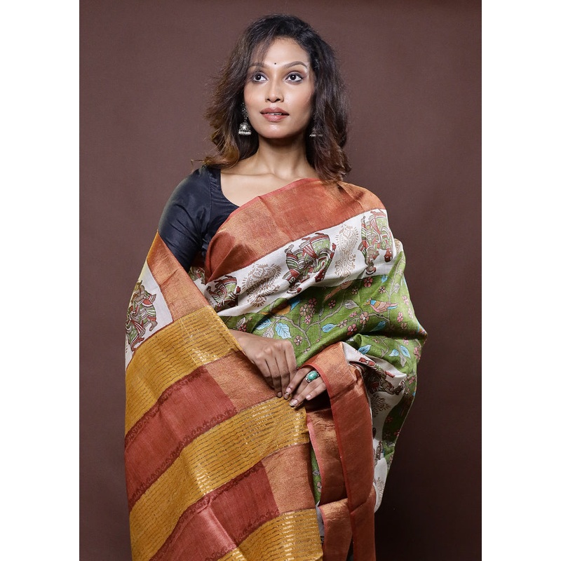 Green Tussar Silk Saree With Blouse Piece - JD986612296