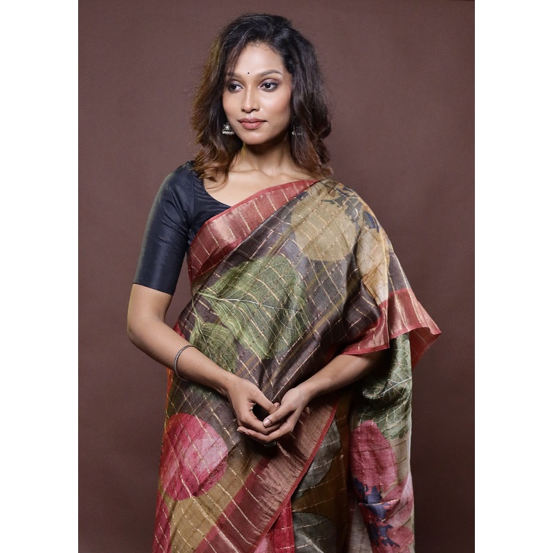 Grey Handloom Tussar Pure Silk Saree With Blouse Piece - JD986612295