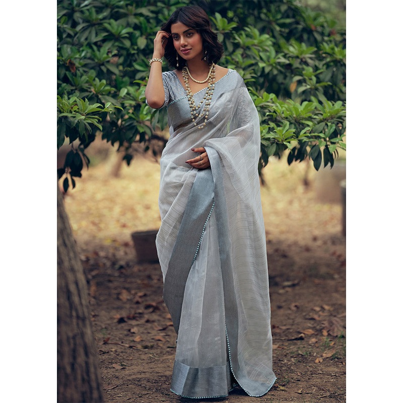 Grey Organza Saree With Blouse Piece - JD986612473