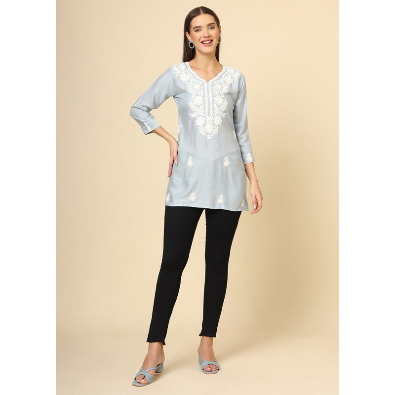Grey Readymade Rayon Short Kurti - JD986612382