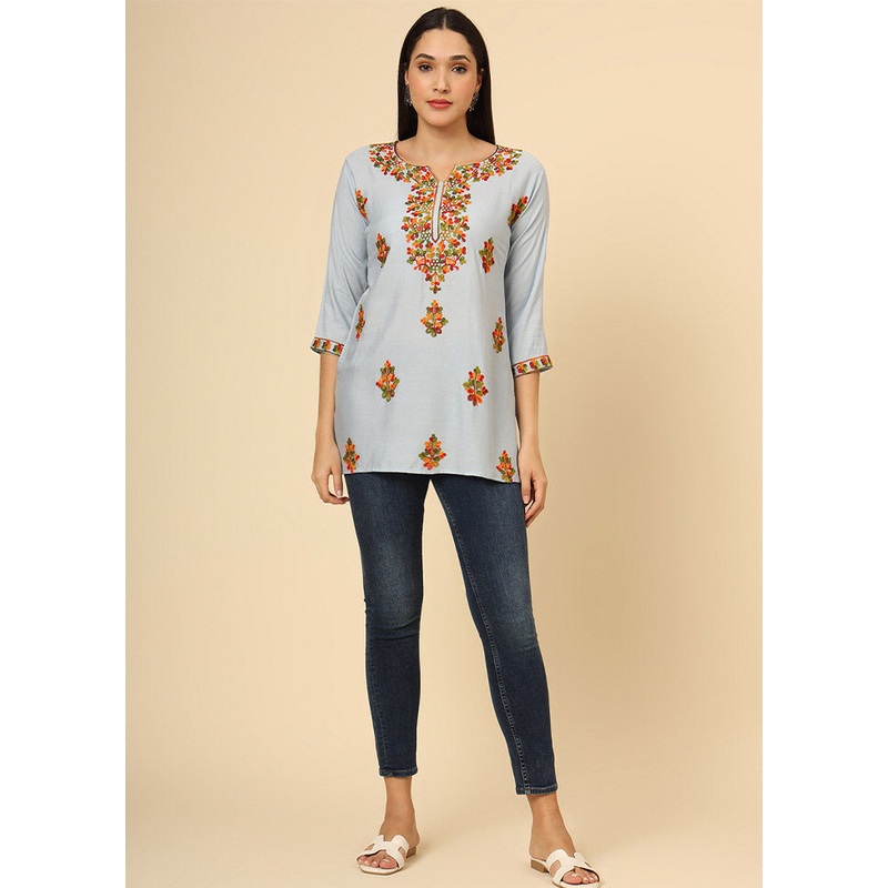 Grey Readymade Rayon Short Kurti - JD986612383