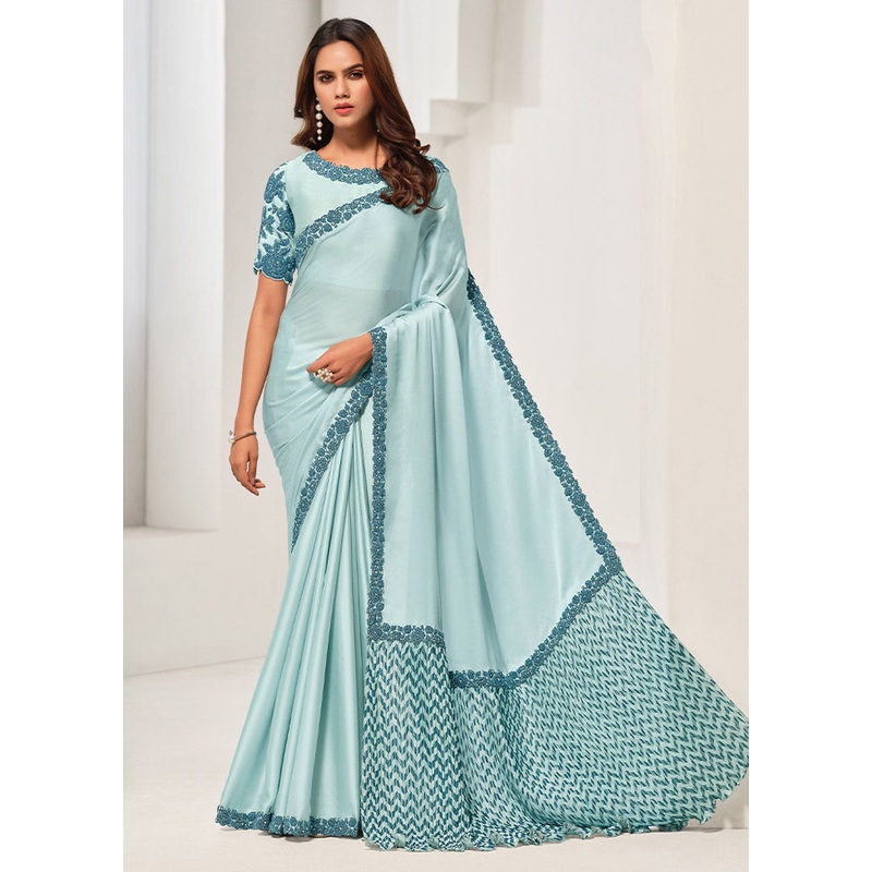Light Blue Crepe Silk Saree With Blouse Piece - JD986612363