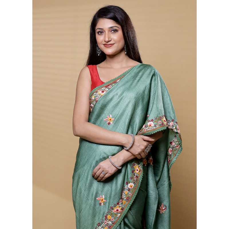 Maroon Handloom Tussar Pure Silk Saree With Blouse Piece - JD986612353