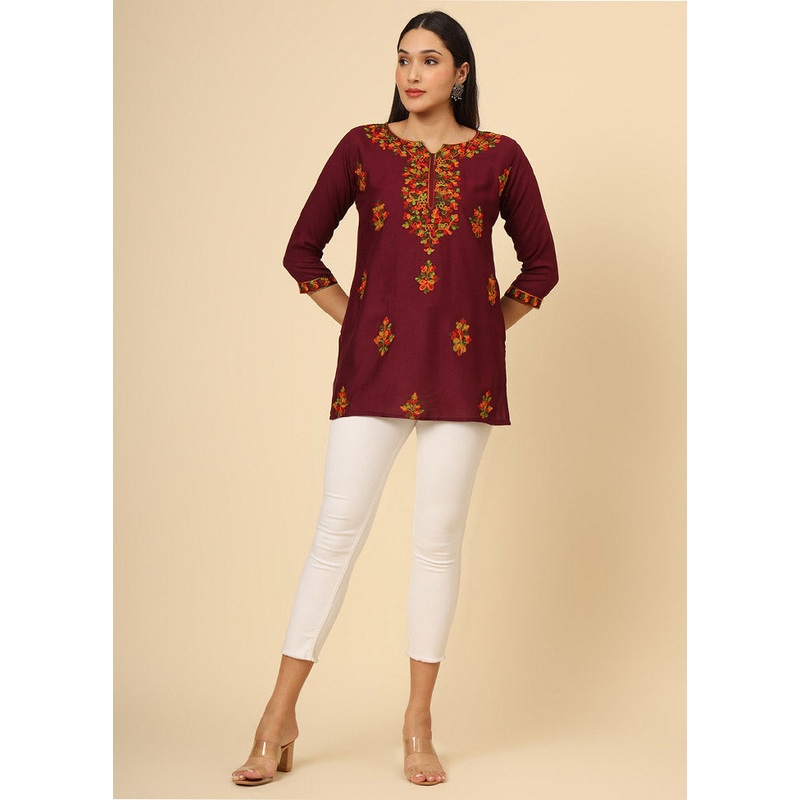 Maroon Readymade Rayon Short Kurti - JD986612381