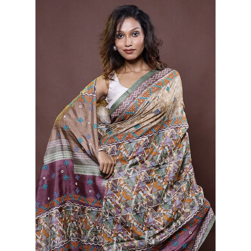 Multicolor Handloom Tussar Pure Silk Saree With Blouse Piece - JD986612291