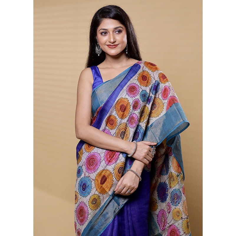 Multicolor Handloom Tussar Pure Silk Saree With Blouse Piece - JD986612350