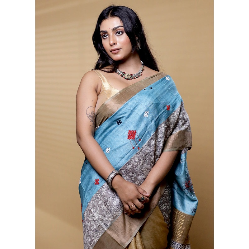 Multicolor Handloom Tussar Pure Silk Saree With Blouse Piece - JD986612487