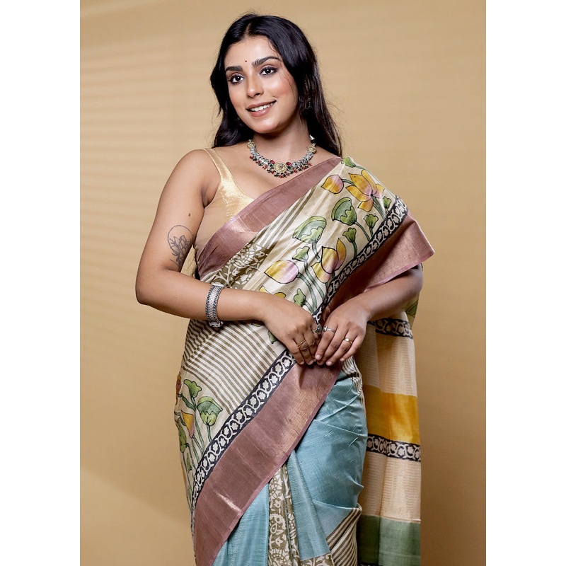 Multicolor Handloom Tussar Pure Silk Saree With Blouse Piece - JD986612488