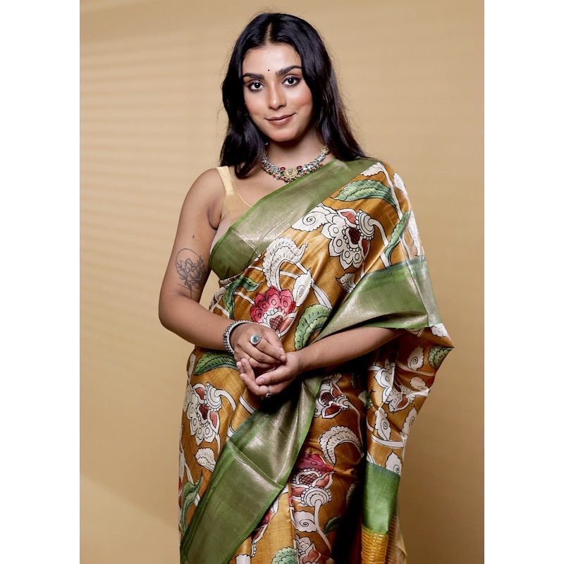 Multicolor Handloom Tussar Pure Silk Saree With Blouse Piece - JD986612489