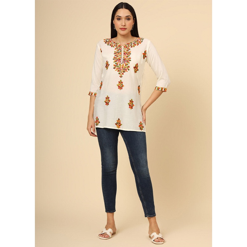 Off White Readymade Rayon Short Kurti - JD986612380
