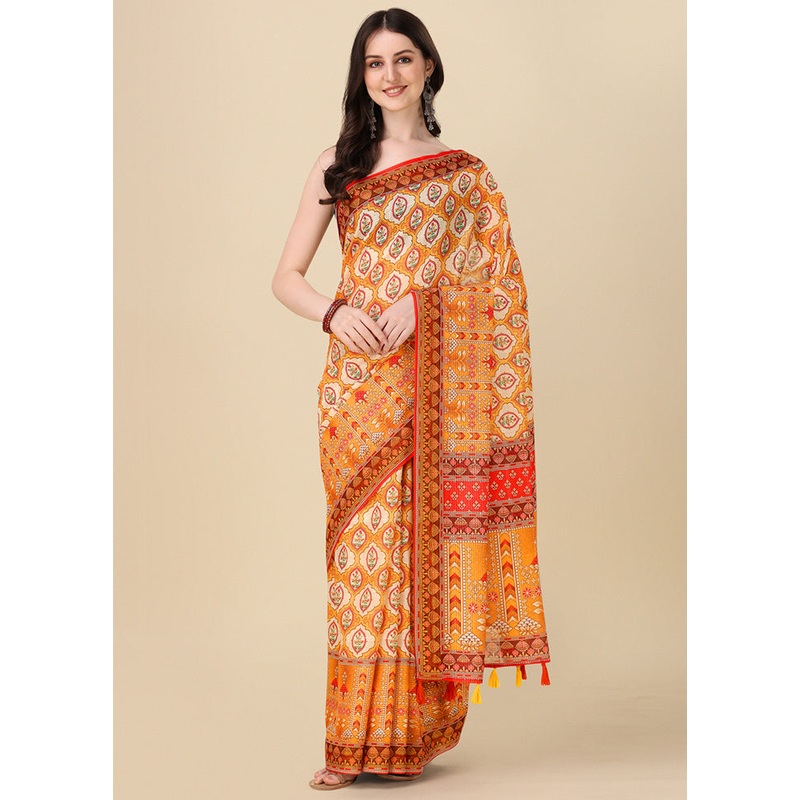 Orange Linen Silk Saree With Blouse Piece - JD986612337