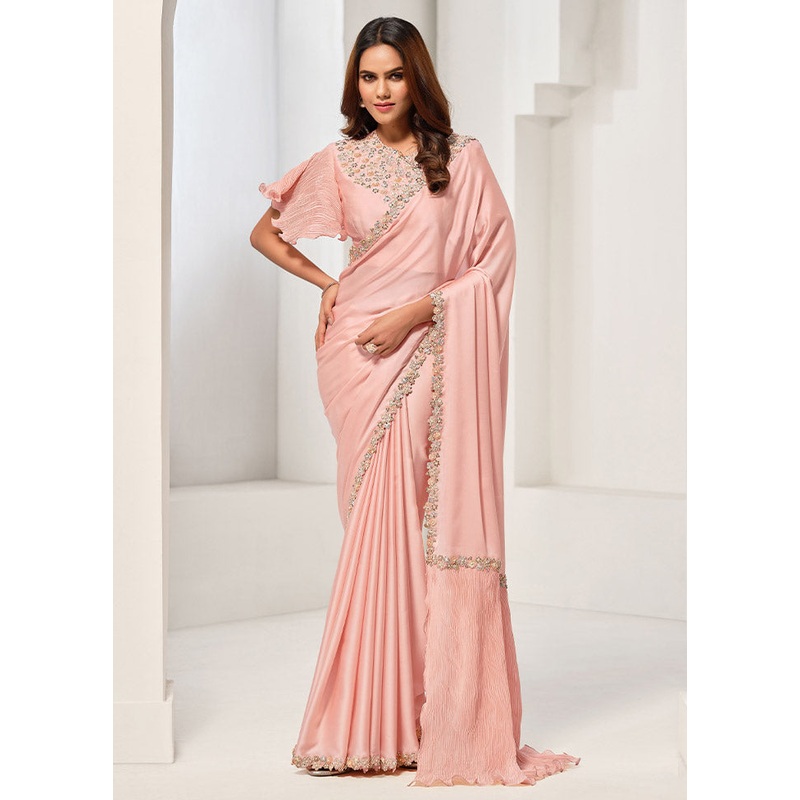 Peach Crepe Silk Saree With Blouse Piece - JD986612361
