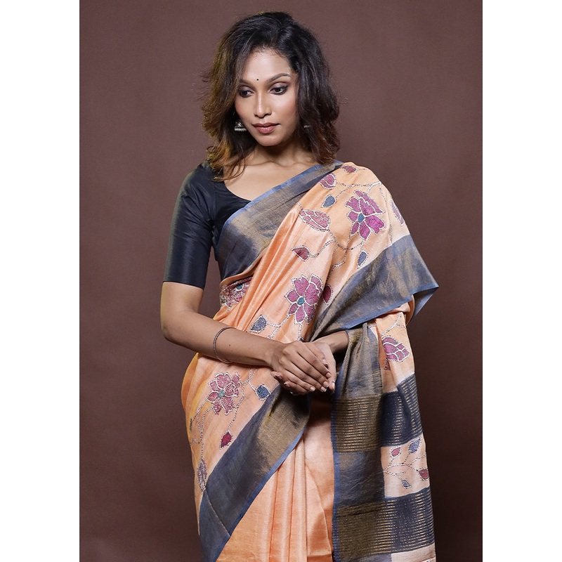 Peach Handloom Tussar Pure Silk Saree With Blouse Piece - JD986612290