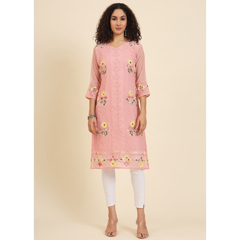 Peach Readymade Georgette Kurti - JD986612378