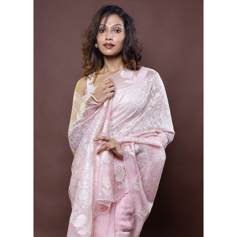 Pink Handloom Pure Organza Saree With Blouse Piece - JD986612288