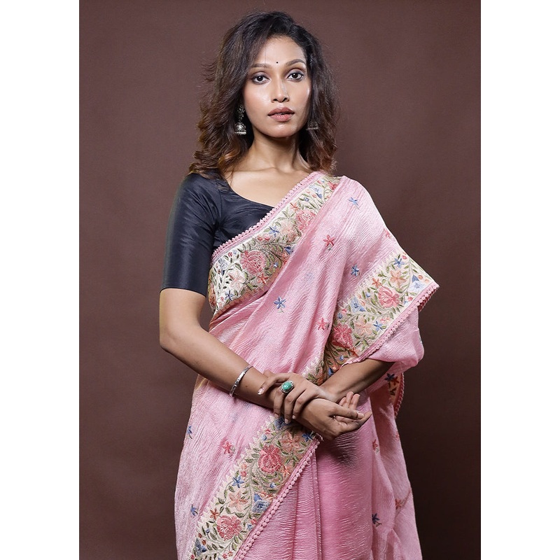 Pink Handloom Tissue Pure Silk Saree With Blouse Piece - JD986612287