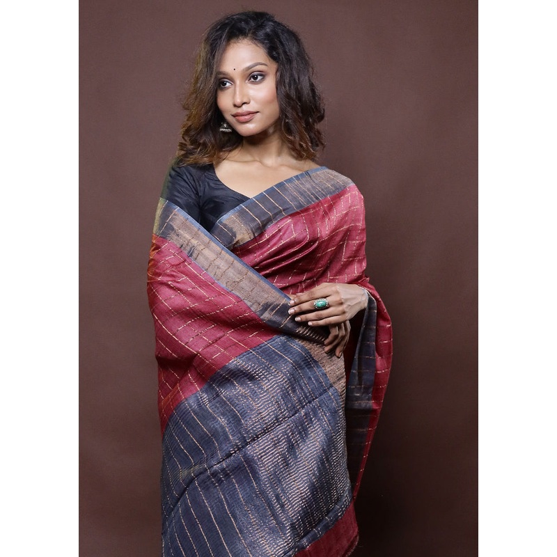 Pink Handloom Tussar Pure Silk Saree With Blouse Piece - JD986612286