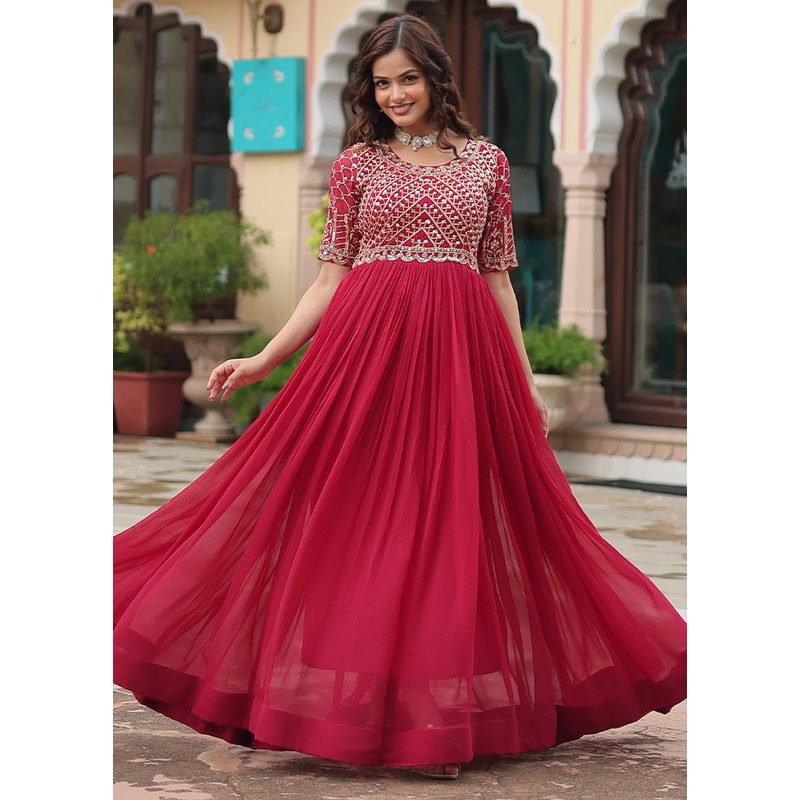 Pink Readymade Georgette Long Indian Dress - JD986612374