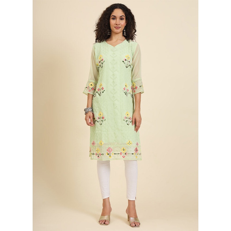 Pista Green Readymade Georgette Kurti - JD986612373