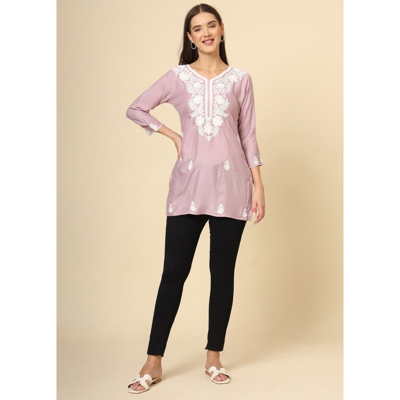 Purple Readymade Rayon Short Kurti - JD986612371