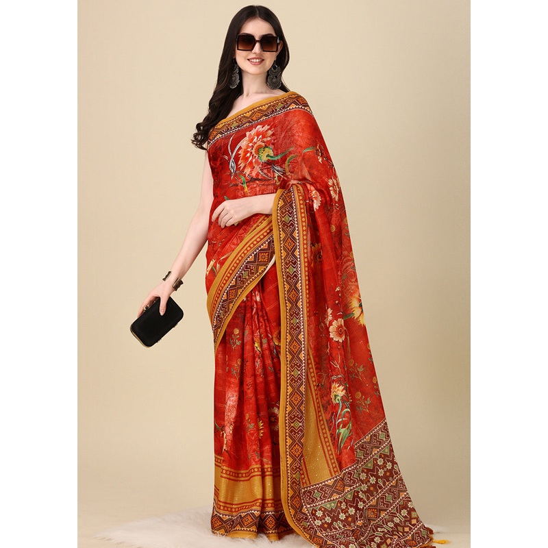 Red Linen Silk Saree With Blouse Piece - JD986612335