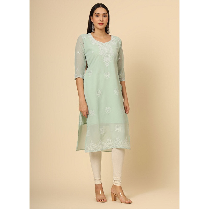 Sea Green Readymade Georgette Kurti - JD986612369