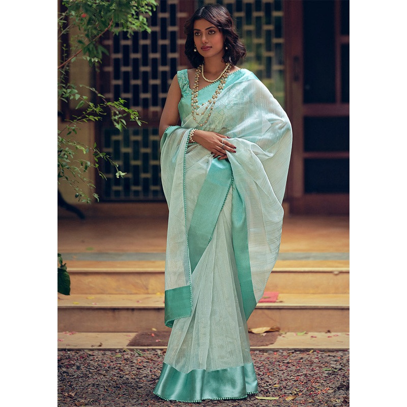 Sky Blue Organza Saree With Blouse Piece - JD986612471