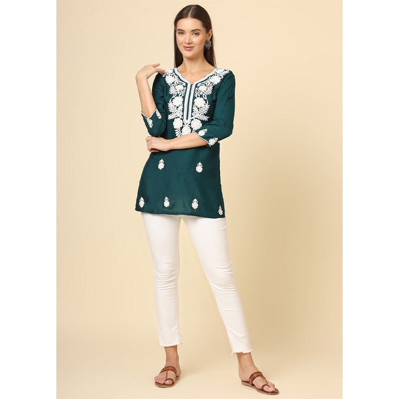 Teal Readymade Rayon Short Kurti - JD986612367