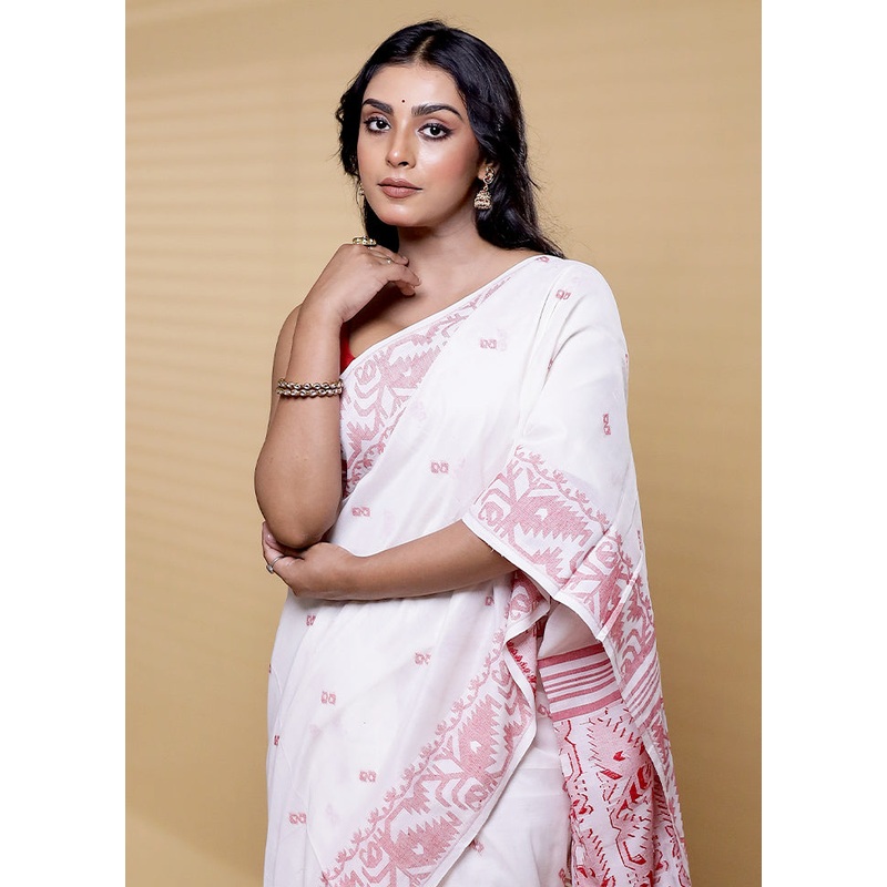 White Cotton Saree With Blouse Piece - JD986612478