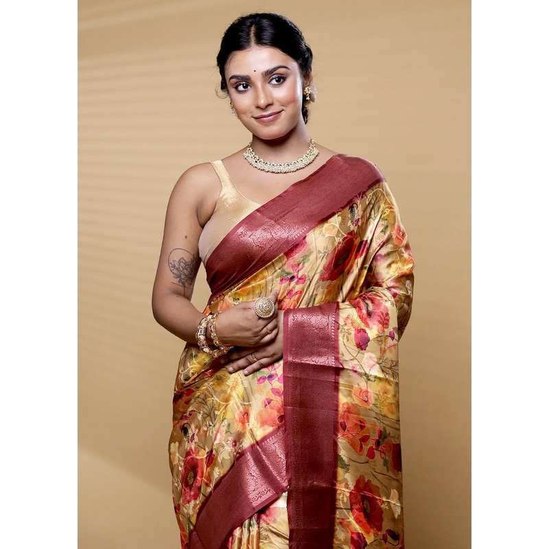 Yellow Dupion Silk Saree With Blouse Piece - JD986612477