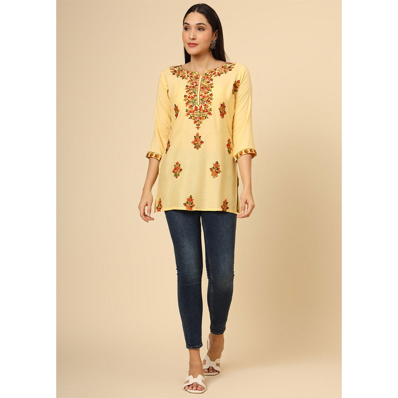 Yellow Readymade Rayon Short Kurti - JD986612366