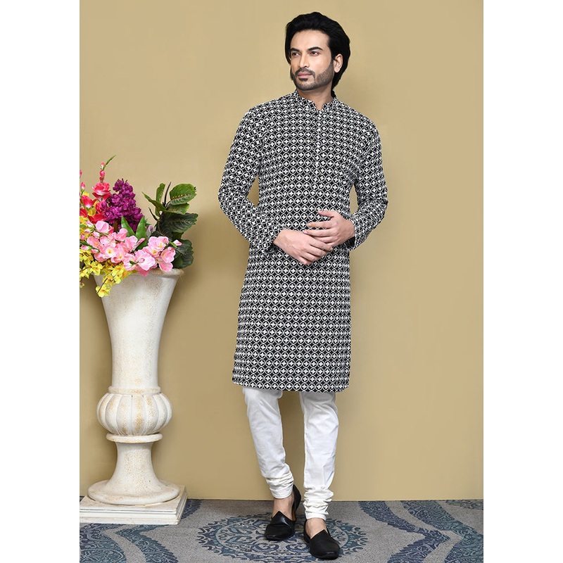 2 Pc Black Cotton Kurta Pajama Set - JD986612166