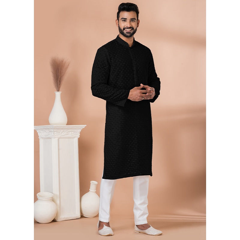 2 Pc Black Georgette Kurta Pajama Set - JD986612273