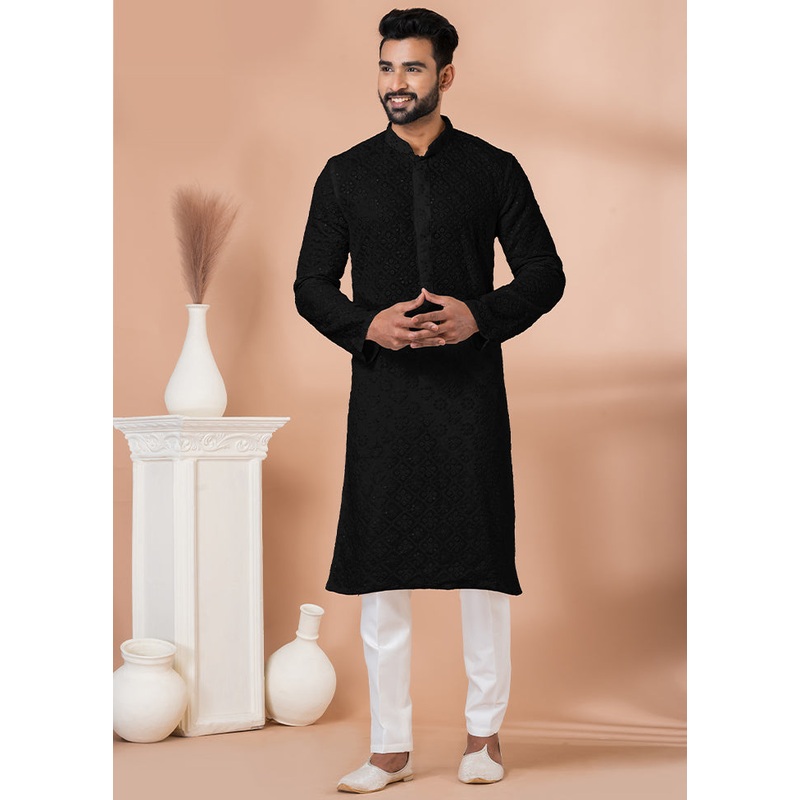 2 Pc Black Georgette Kurta Pajama Set - JD986612274