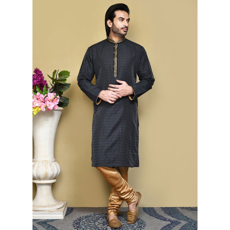 2 Pc Black Silk Kurta Pajama Set - JD986612162