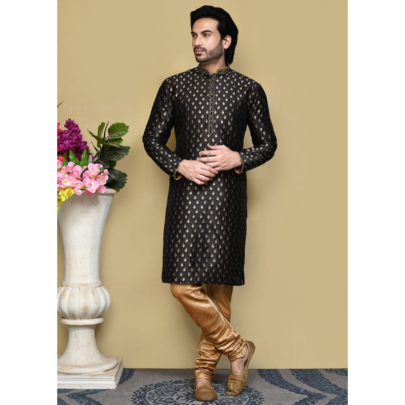 2 Pc Black Silk Kurta Pajama Set - JD986612163