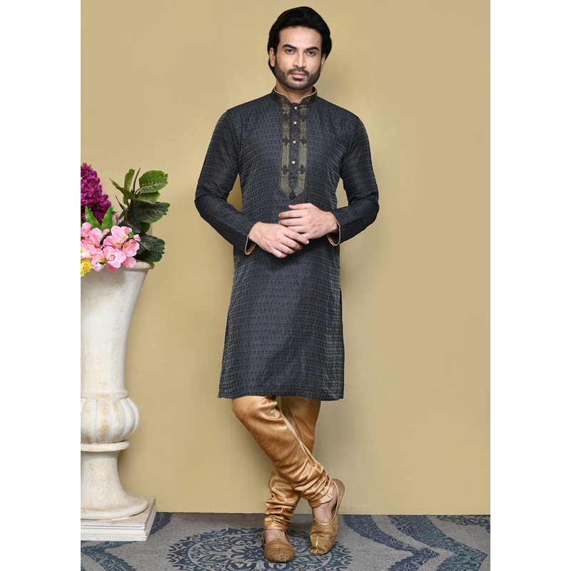 2 Pc Black Silk Kurta Pajama Set - JD986612164