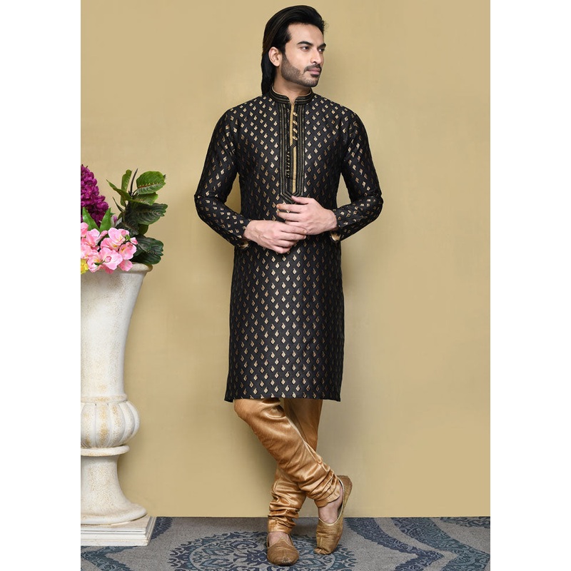 2 Pc Black Silk Kurta Pajama Set - JD986612165