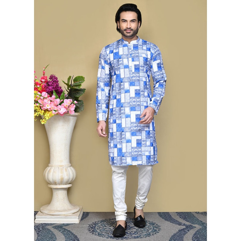 2 Pc Blue Cotton Kurta Pajama Set - JD986612161