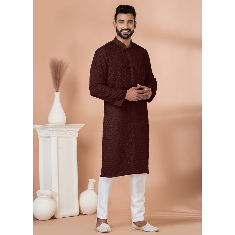 2 Pc Coffee Georgette Kurta Pajama Set - JD986612271