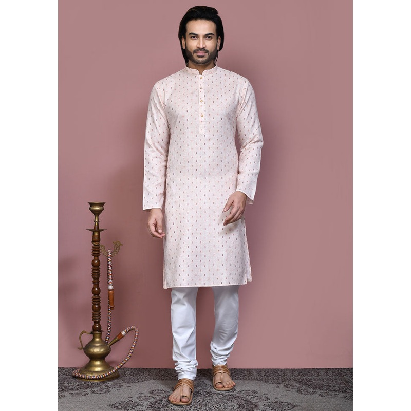2 Pc Cream Cotton Kurta Pajama Set - JD986612156