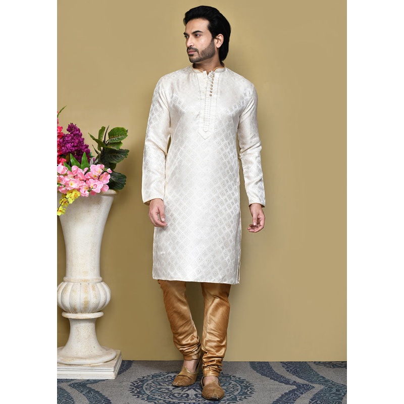 2 Pc Cream Silk Kurta Pajama Set - JD986612154