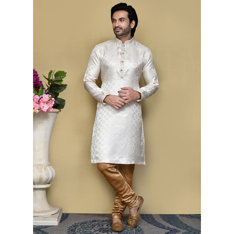 2 Pc Cream Silk Kurta Pajama Set - JD986612155