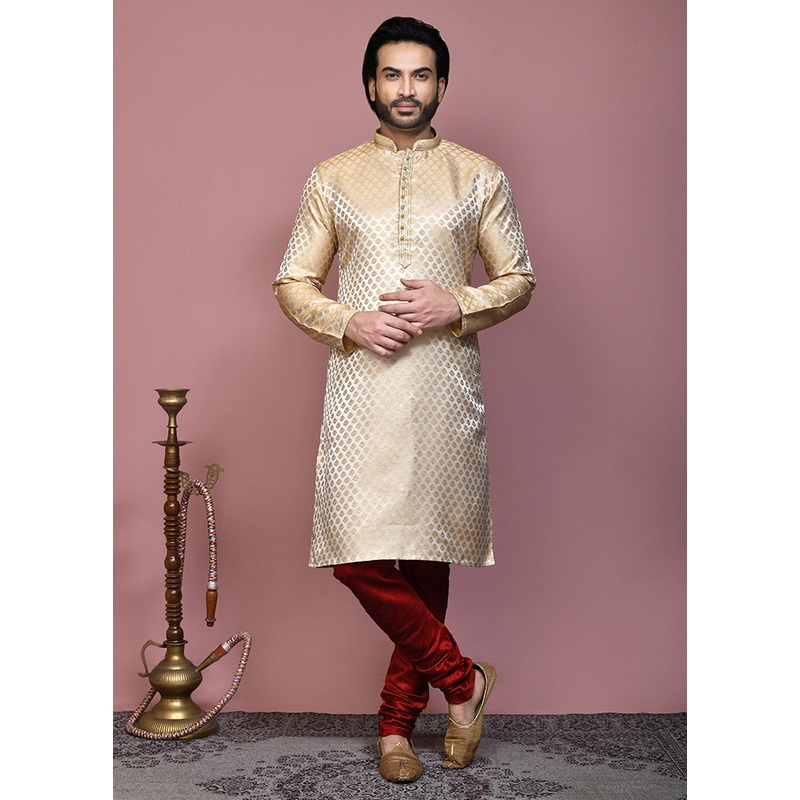 2 Pc Gold Silk Kurta Pajama Set - JD986612146